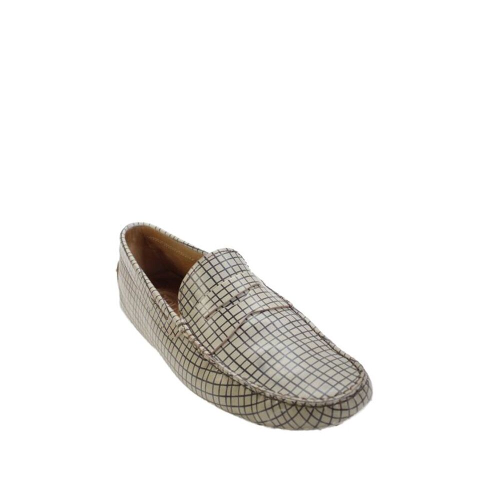 Tods Mens Leather Plaid Slide On Drioving Loafers Beige Black Size 10